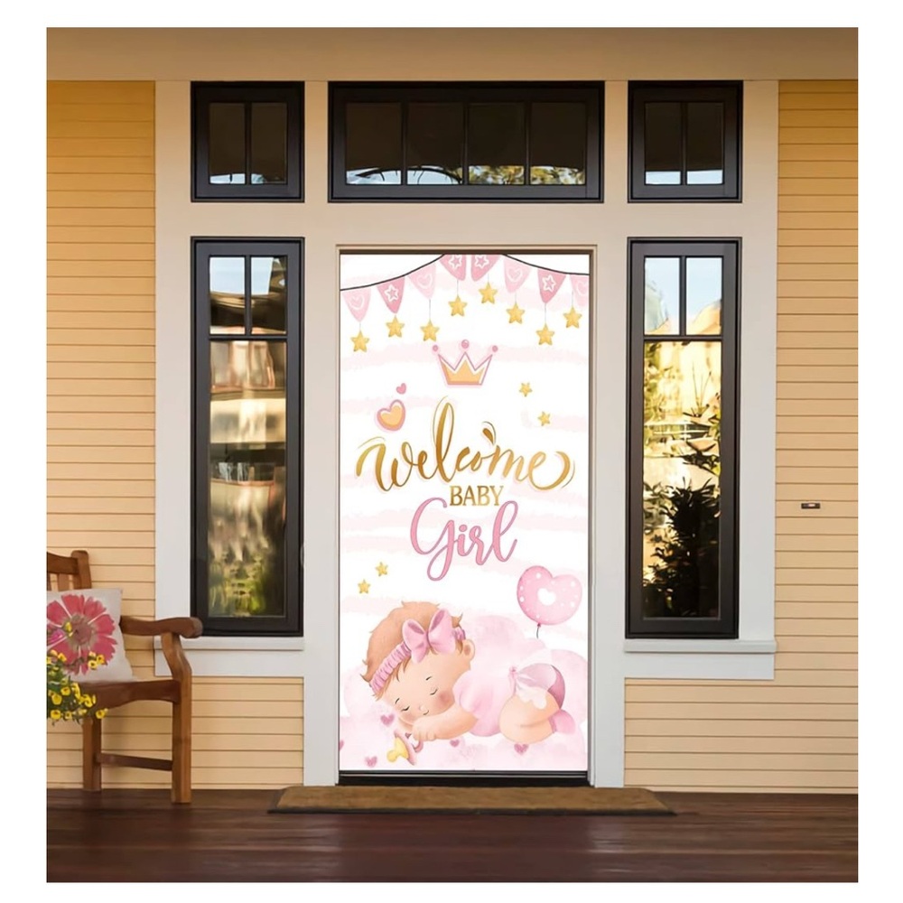 Baby shower backdrop “Welcome Baby Girl” Door cover 38”x74” Decor Gender Reveal